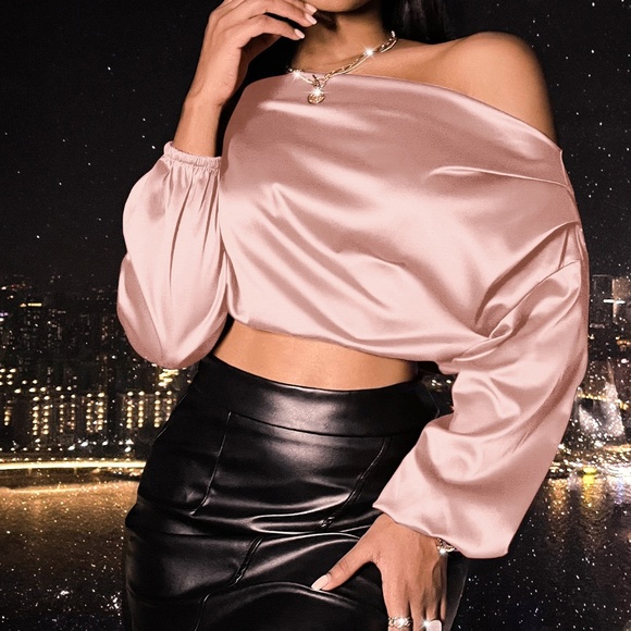Bellanblue Tops - Blush Pink Off Shoulder Satin Crop Top